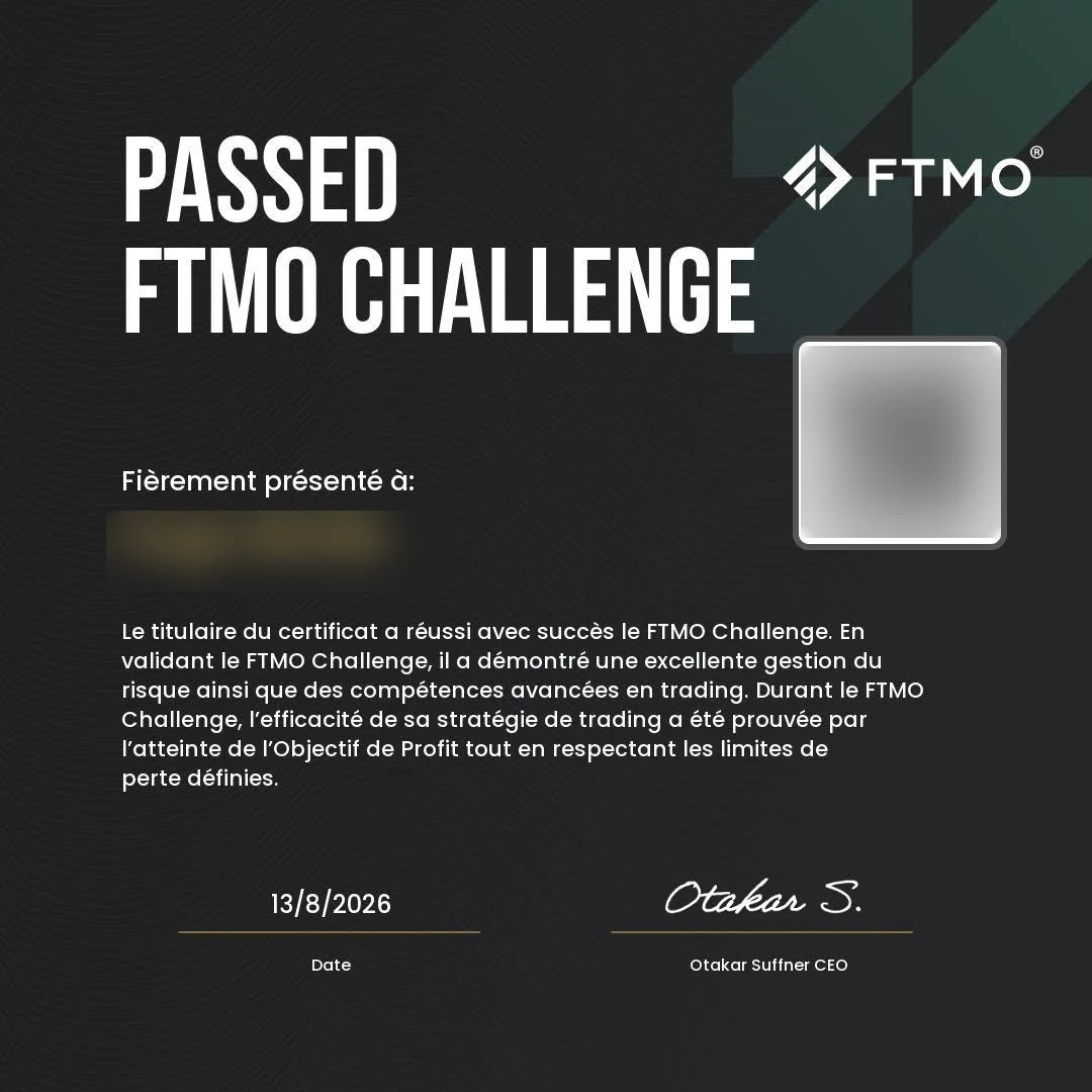 Certificat FTMO Challenge réussi (13/8/2026)