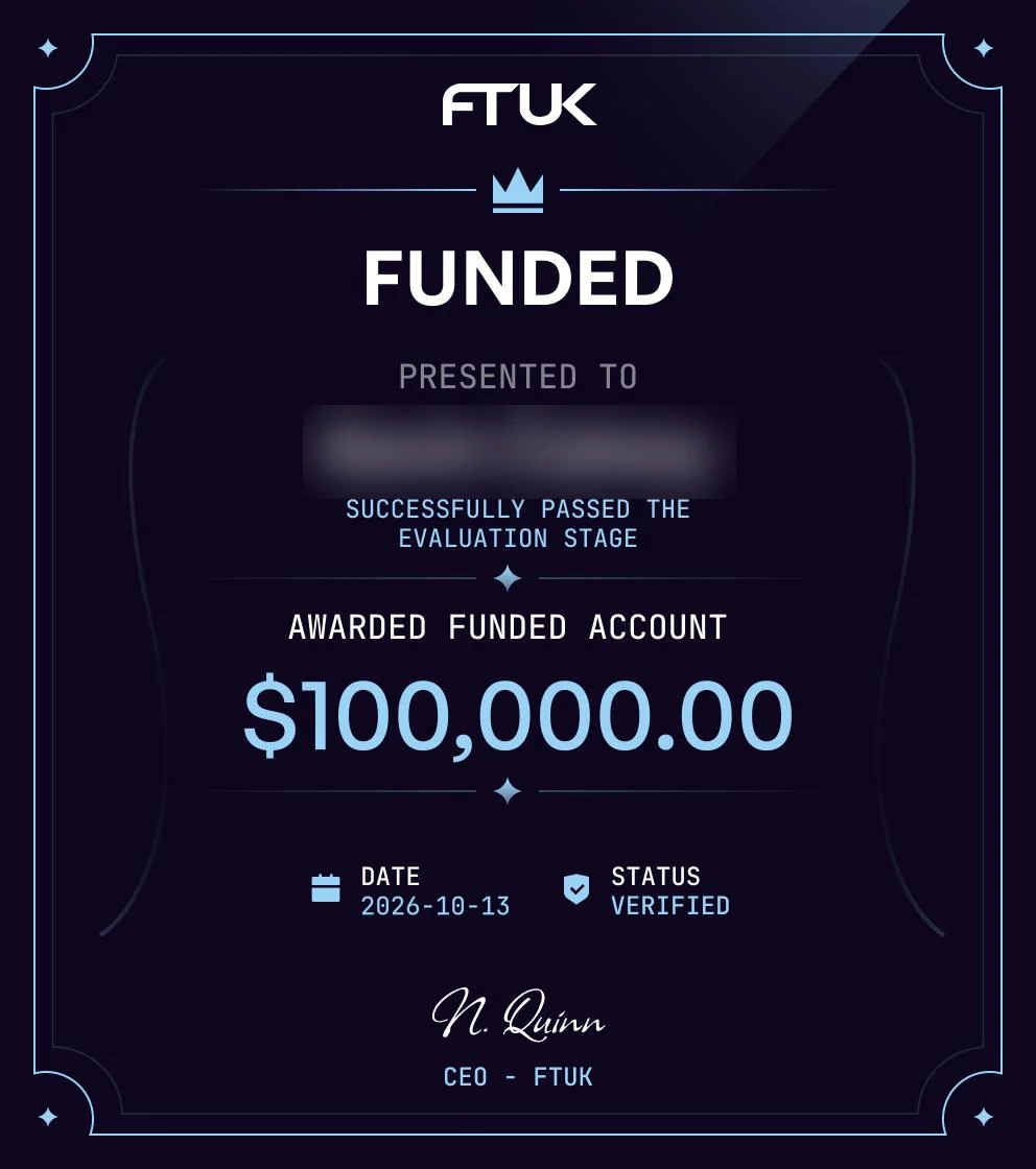 Certificat FTUK Funded, compte de 100 000 $ (2026-10-13)