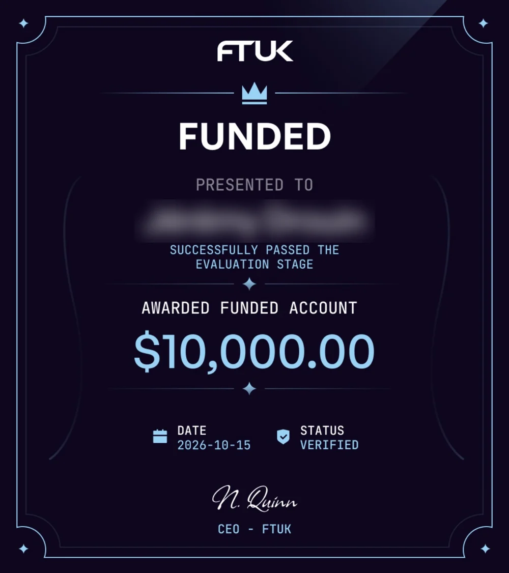 Certificat FTUK Funded, compte de 10 000 $ (2026-10-15)