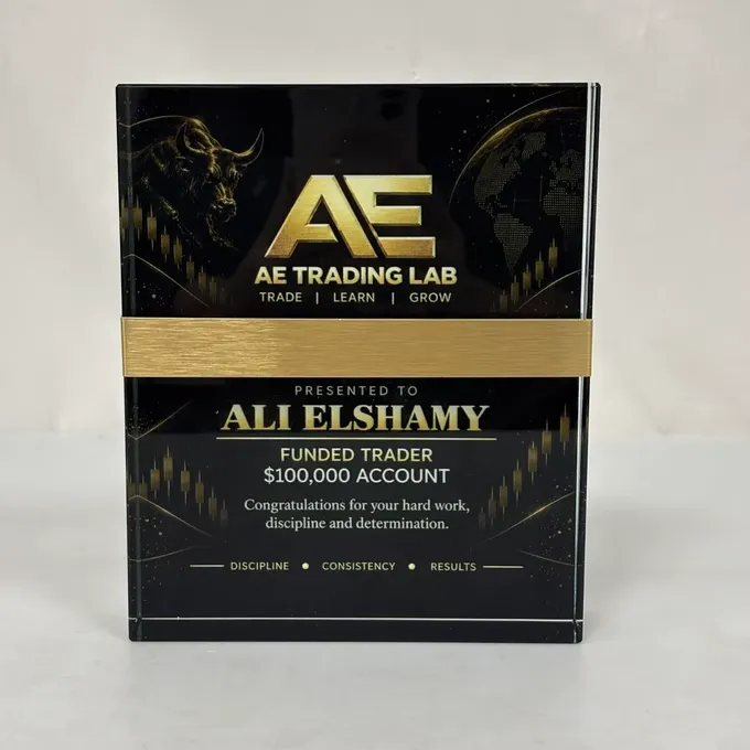 Plaque AE Trading Lab : Ali Elshamy, Funded Trader, compte de 100 000 $